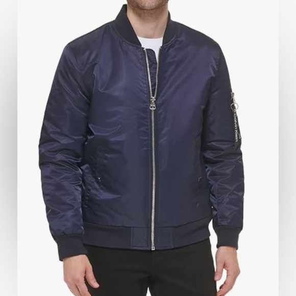 Calvin Klein Blue Bomber Jacket with Ribbed Collar - Picture 2 of 2